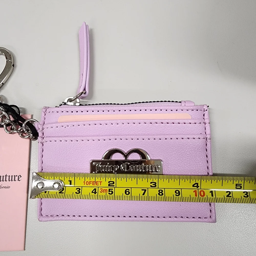 Juicy Couture Pink Faux Leather Glam Card Case Wallet Silver Heart Keychain Clip